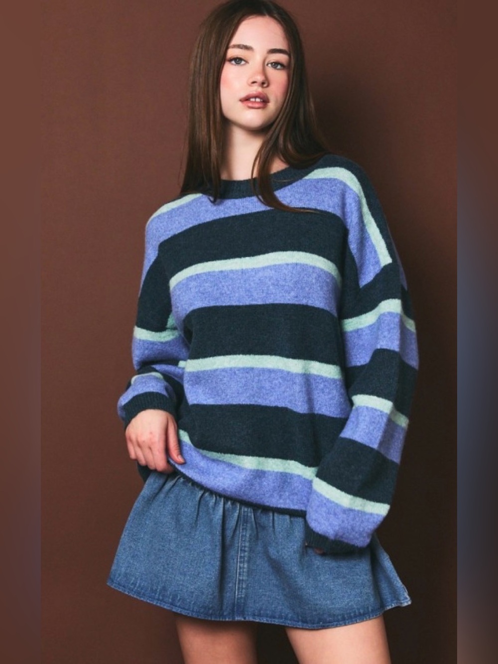 Striped Crewneck Sweater in Navy,  & Mint